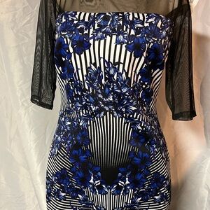 Jax Blue and Black Floral Screen Sleeve Dress